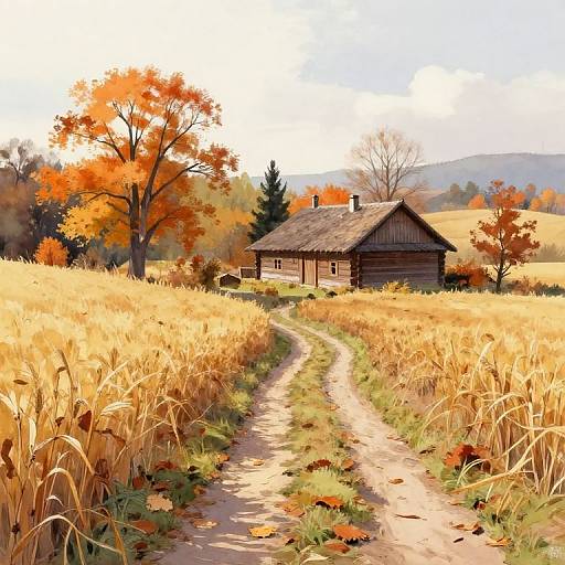 Digital painting of a rustic wooden cottage with a thatched roof in a golden autumn field, path leading to the house, surrounded by vibrant orange and yellow
