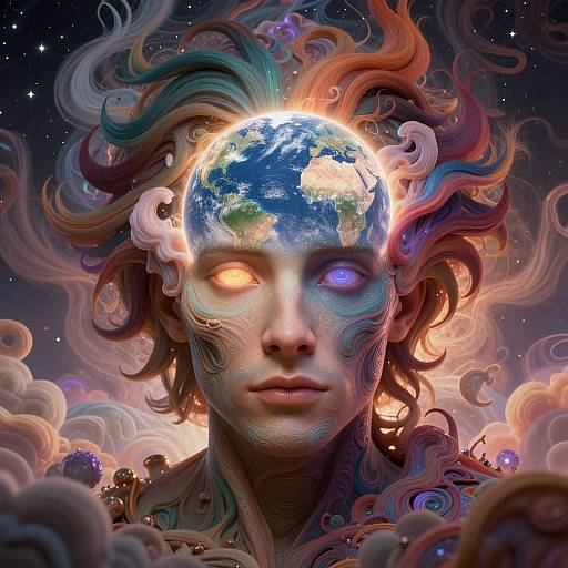 Digital artwork of a person with a glowing Earth on their forehead, colorful swirling hair, and cosmic background. They have one orange and one blue eye,