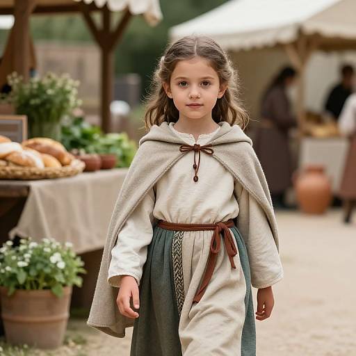 Young girl with brown hair, wearing medieval-style white blouse and green skirt, gray cloak, stands in outdoor market with bread, plants, and blurred vendors
