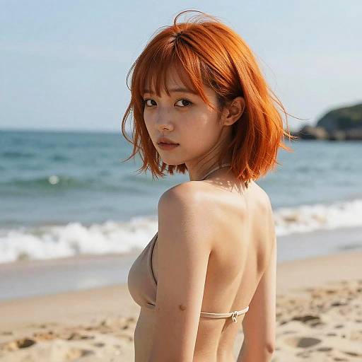 Photograph of a fair-skinned, red-haired Asian woman with a slender build, wearing a beige bikini, standing on a sandy beach with waves in