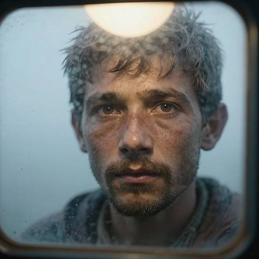 Photograph of a rugged, bearded man with tousled gray hair, serious expression, reflected in a rain-streaked window against a blue sky