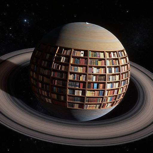 Photorealistic digital art of a spherical planet covered in rows of colorful, illuminated bookshelves, orbiting a dark starry space.
