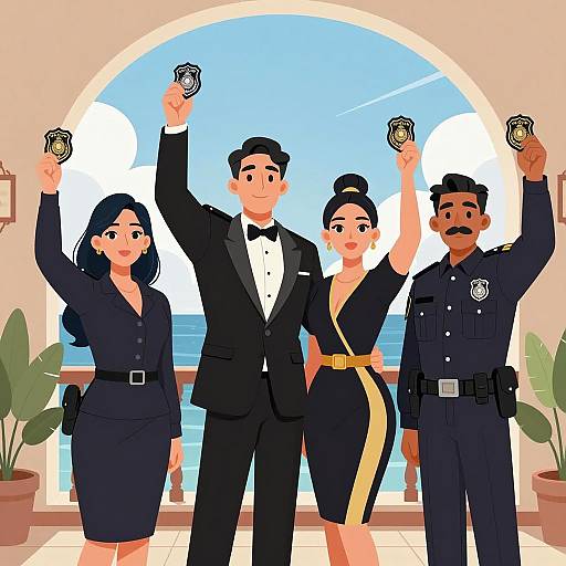 Dramatic Illustration of Badge-Wielding Quartet