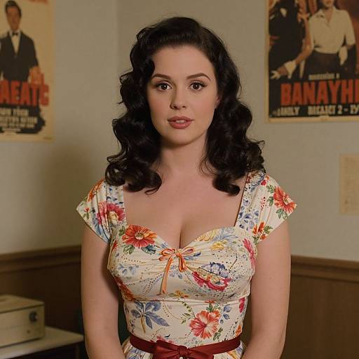 Photograph of a fair-skinned woman with dark, wavy hair, wearing a floral, low-cut, 1940s-style dress, standing
