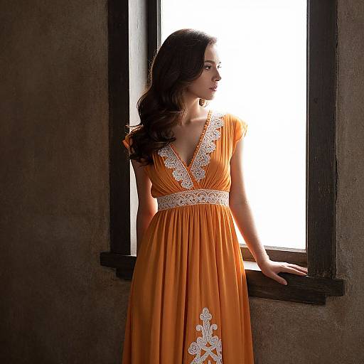 Elegant Woman by Rustic Window