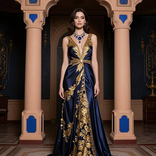 Photograph of a brunette woman in a floor-length, navy blue gown with gold floral embroidery, standing in an ornate, columned hall.