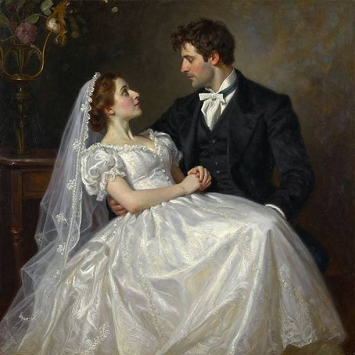 Photorealistic painting of a romantic, Victorian-style wedding couple; bride in white lace gown, veil, and groom in black suit, holding hands.