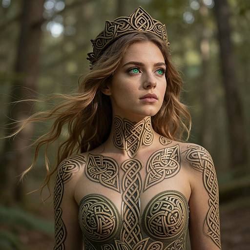 Photorealistic digital art of a fair-skinned, green-eyed woman with wavy brown hair, wearing a Celtic-inspired, intricately tattooed,