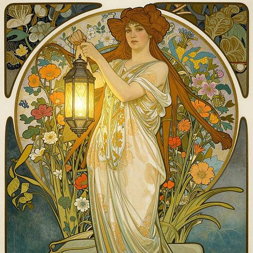 Art Nouveau style illustration of a red-haired woman in a white dress, holding a glowing lantern amidst vibrant flowers.
