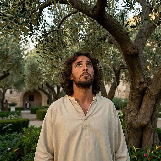 Photograph of a young man with medium-length curly brown hair and a beard, wearing a light beige traditional shirt, standing under olive trees in a sun