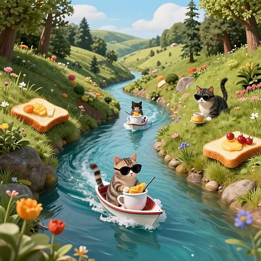 Whimsical digital illustration of three cats in tiny boats on a vibrant, flower-filled stream, wearing sunglasses, with hills and trees in the background.