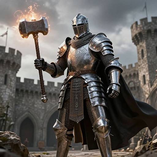 Photorealistic CGI of armored knight with glowing hammer in front of medieval stone castle, dark cloudy sky, flowing black cape.