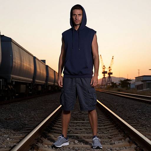Photograph of a muscular man with short dark hair, wearing a black sleeveless hoodie, black cargo shorts, and black and white sneakers, standing on