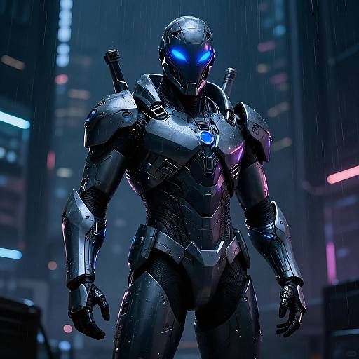 Digital art of a futuristic, blue-glowing-eyed, metallic humanoid robot standing in a rainy, neon-lit cityscape with tall skyscrapers