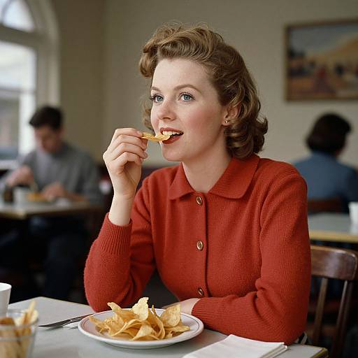 Photograph of a 1950s-style woman with short brown hair, wearing a red cardigan, eating potato chips in a diner, with blurred