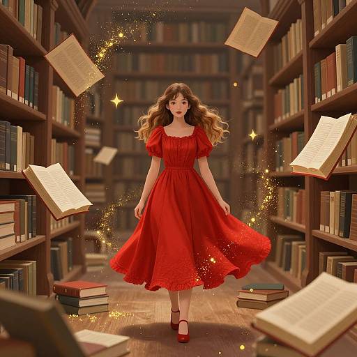 Photograph-style digital art of a curly-haired woman in a flowing red dress, surrounded by floating books and stars, in a magical library aisle.