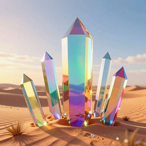 Photorealistic CGI of seven colorful, crystalline prisms with pointed tops standing in a sunlit desert, casting shadows on the sand.