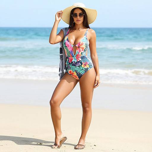 Photograph of a tall, tan-skinned woman in a colorful floral one-piece swimsuit, wide-brimmed hat, sunglasses, and sandals,