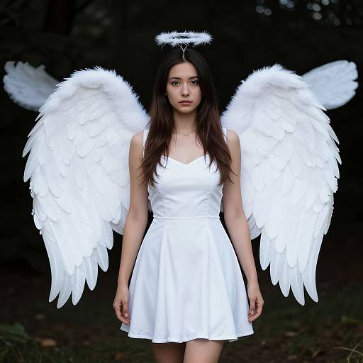Photograph of a young woman with long dark hair, wearing a white angel dress, halo, and large white feathered wings, standing in a dark
