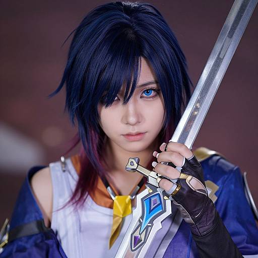 Photograph of an Asian woman cosplaying as a blue-eyed character with black hair, holding a silver sword, wearing a white shirt, yellow bowtie