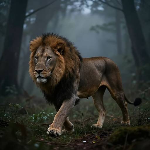 Photorealistic digital art of a majestic male lion with a thick, dark mane, walking through a misty, dense forest.