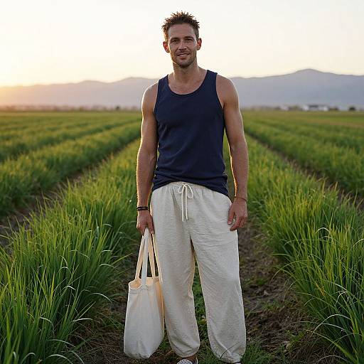 Photograph of a muscular, tan-skinned man with short brown hair, wearing a navy tank top and white pants, holding a white tote bag,