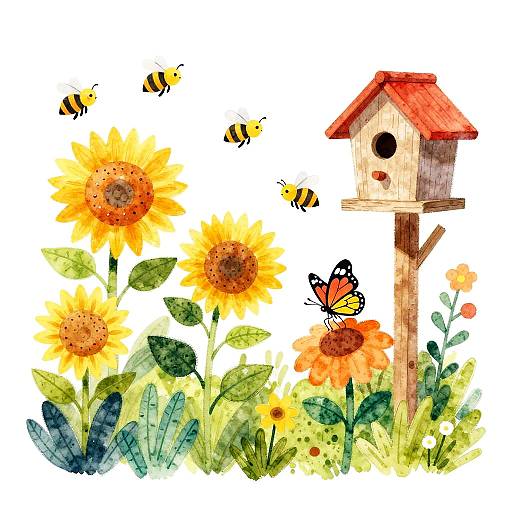 Cheerful Garden Watercolor Scene