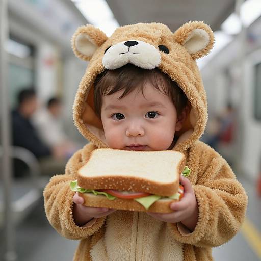 Photograph of a cute toddler in a brown bear onesie, holding a sandwich, inside a brightly lit subway car.