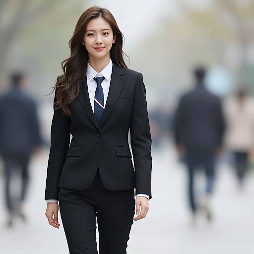Photograph of an attractive Asian woman with long dark hair, wearing a black business suit and white shirt, walking confidently in a blurred, busy urban setting