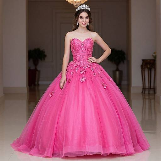 Photograph of a young woman in a vibrant pink, strapless, full-skirted ball gown with floral embroidery, wearing a silver tiara,