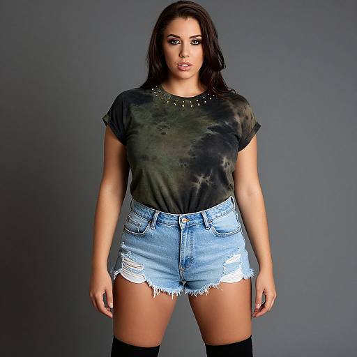 Photograph of a young woman with long dark hair, wearing a black tie-dye shirt, frayed denim shorts, and black thigh-high socks,