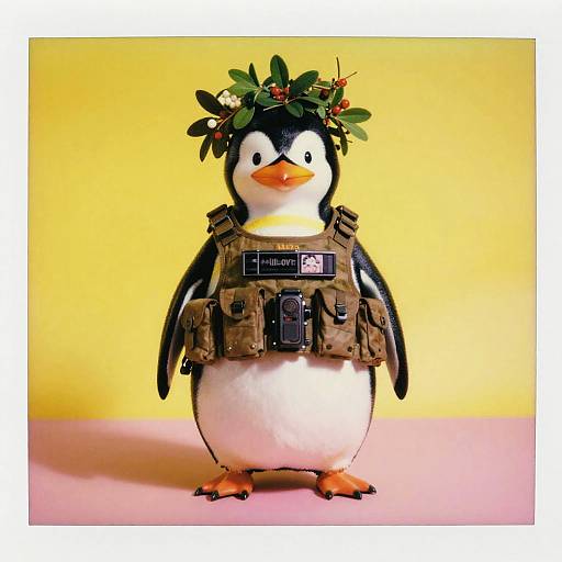Penguin in Military Gear with Mistletoe