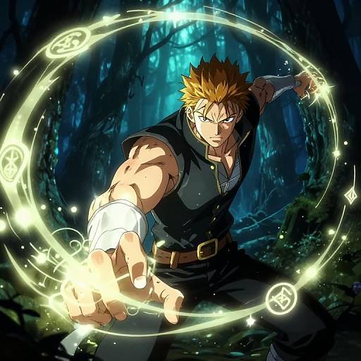 Digital anime artwork of muscular, spiky-haired man in dark shirt casting glowing magical circle in dark, enchanted forest.