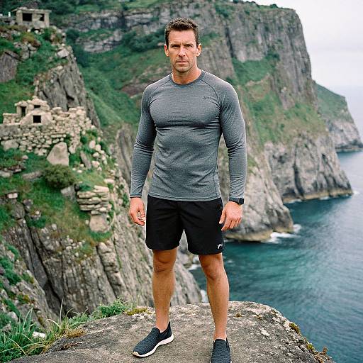 Photograph of a muscular, fit man with short brown hair, wearing a gray long-sleeve shirt, black shorts, and sneakers, standing on