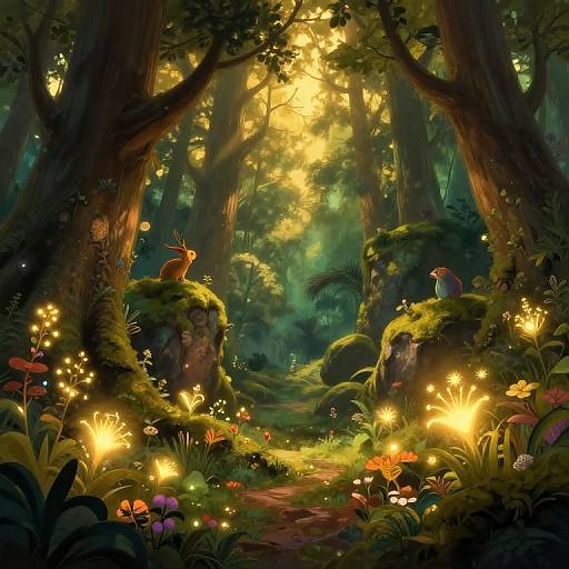 Whimsical forest scene: Two deer, glowing fairy lights, colorful flowers, sunbeams through towering trees, and lush greenery create a magical