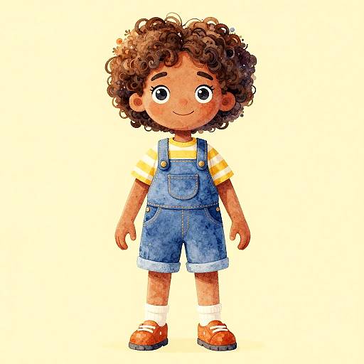 Digital illustration of a cute, curly-haired, brown-skinned boy in blue overalls, yellow-striped shirt, white socks, and red shoes, with