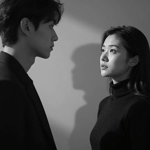 Black and White Portrait of Two People Facing Each Other