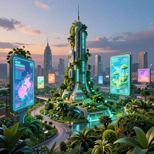 Photorealistic CGI of a futuristic cityscape at sunset, featuring a glowing, tree-covered skyscraper with neon billboards, surrounded by lush greenery