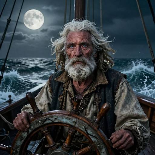 Photograph of an elderly, weathered man with white hair and beard, sailing at night under a bright full moon, gripping a wooden ship wheel.