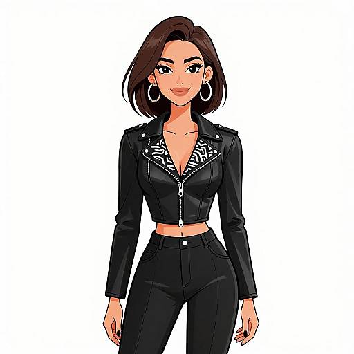 Digital illustration of a confident woman with short brown hair, wearing a black leather crop jacket, black high-waisted pants, and large hoop earrings,