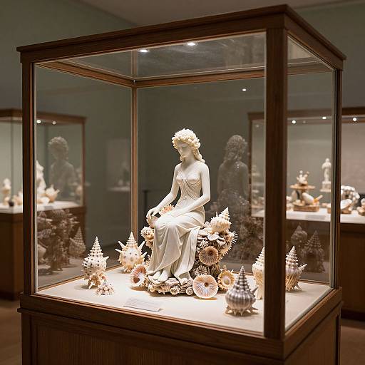 Photograph of a white marble statue of a seated woman with a flower crown, surrounded by seashells and small Christmas trees, displayed in a glass