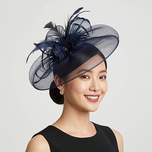 Photograph of an Asian woman with fair skin, wearing a black sleeveless dress and a black feathered, netted fascinator hat, smiling against