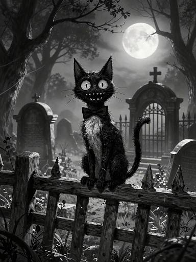 Digital black-and-white illustration of a spooky, wide-eyed, grinning black cat with a bowtie sitting on a wooden fence in a haunted graveyard at
