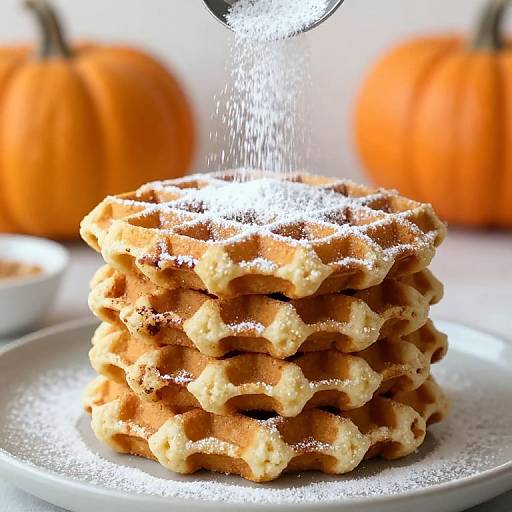Photograph of a stack of golden waffles dusted with powdered sugar, topped with a stream of milk, surrounded by orange pumpkins.