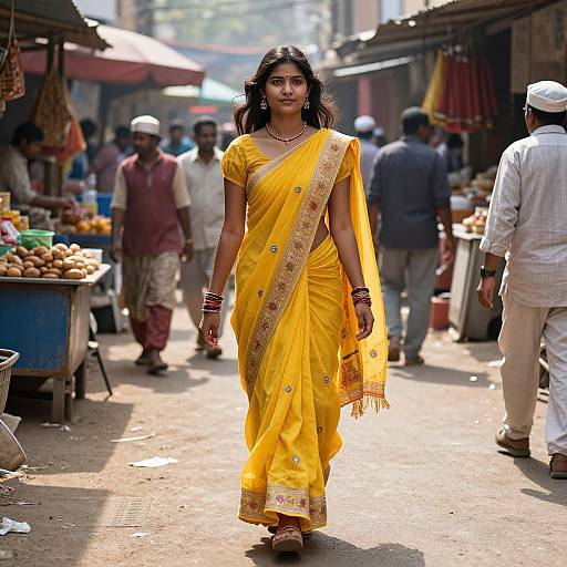 Photograph of an Indian woman in a bright yellow saree with gold trim, walking confidently through a bustling outdoor market, surrounded by vendors and shoppers in