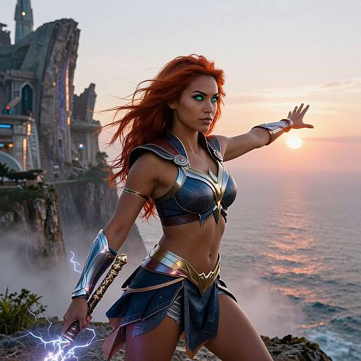 CGI image of a red-haired warrior woman with glowing green eyes, wearing metallic armor, standing on a cliff at sunset, with a ruined castle and