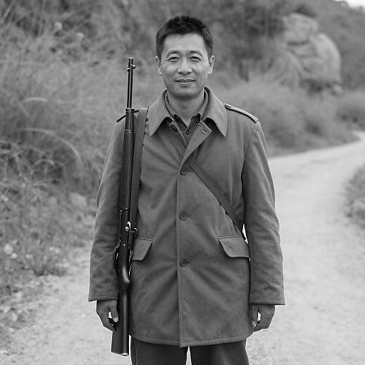 Asian Man with Rifle on Dirt Path