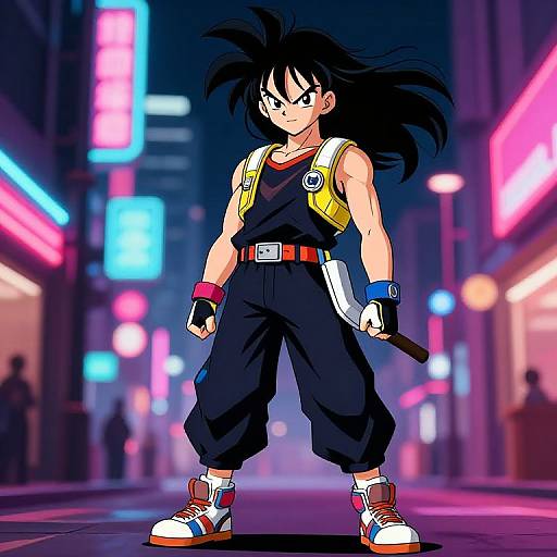 Digital anime-style artwork of Super Saiyan Son Goku standing confidently in a neon-lit, cyberpunk city street at night.
