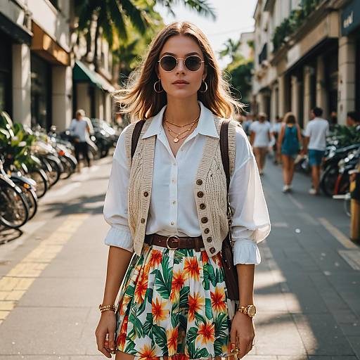 Trendy Woman in Floral Skirt on Urban Street