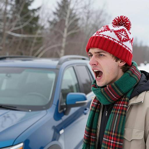 Young Man Shouting by Snowy SUV